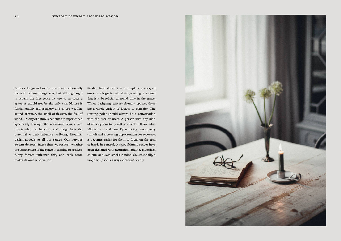 Interior design book page with a photograph of a table setting.