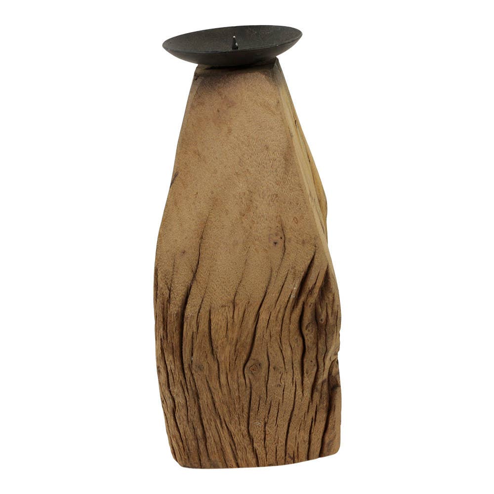 Wooden candle holder with a black candle on a white background