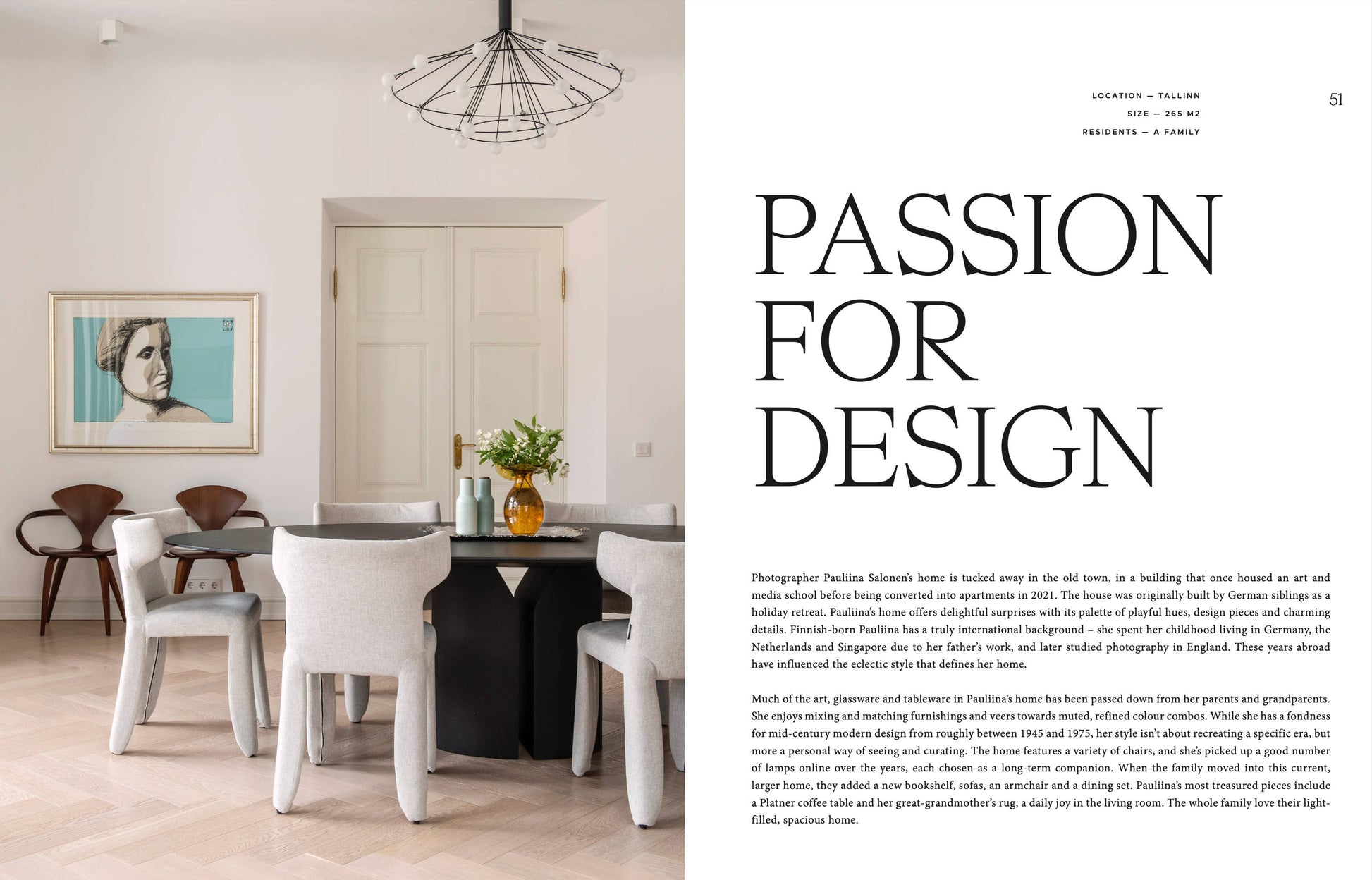 Dining room with modern furniture and decor, featuring a magazine layout with text on 'Passion for Design'.