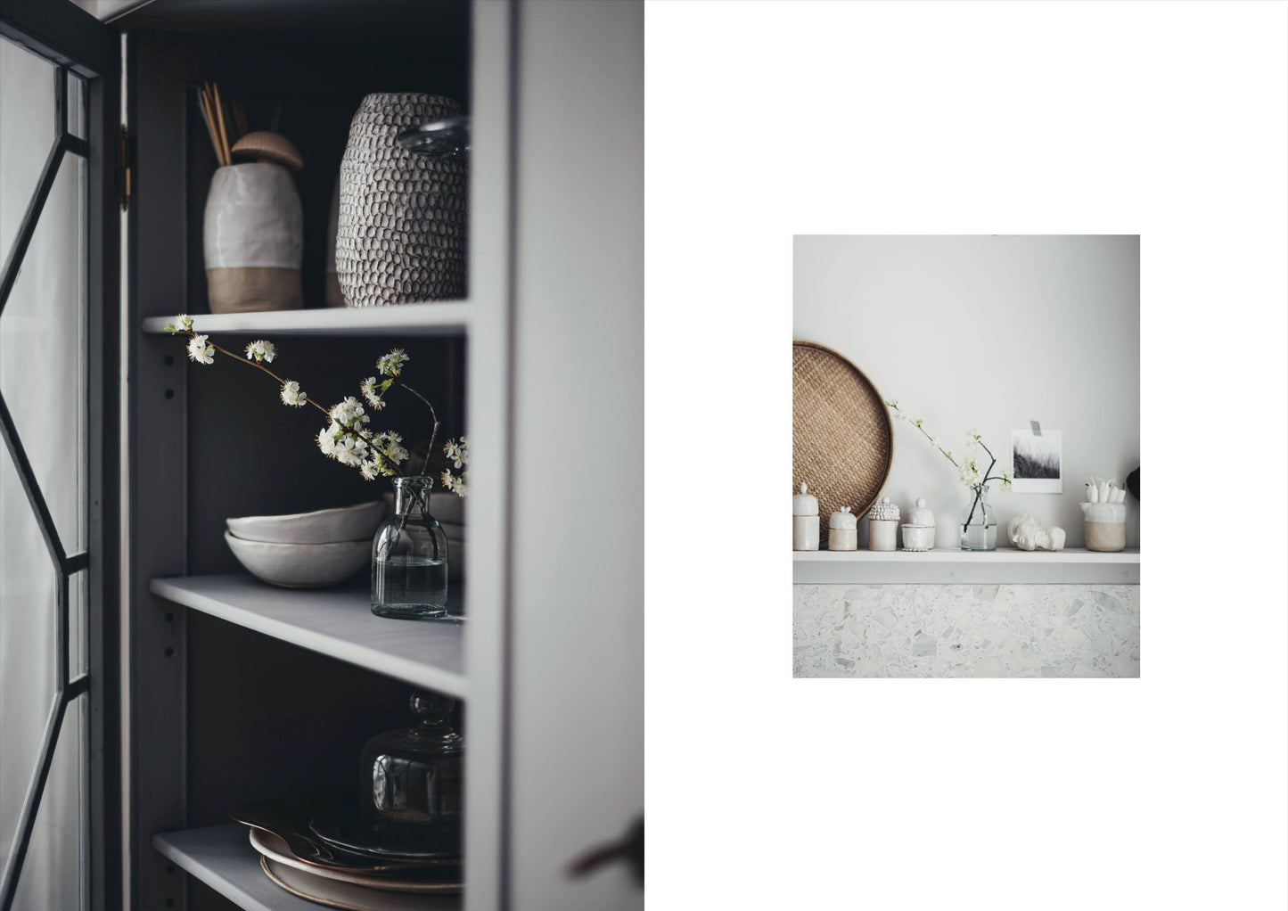 Cabinet with decorative items and a small inset photo of a similar setup.