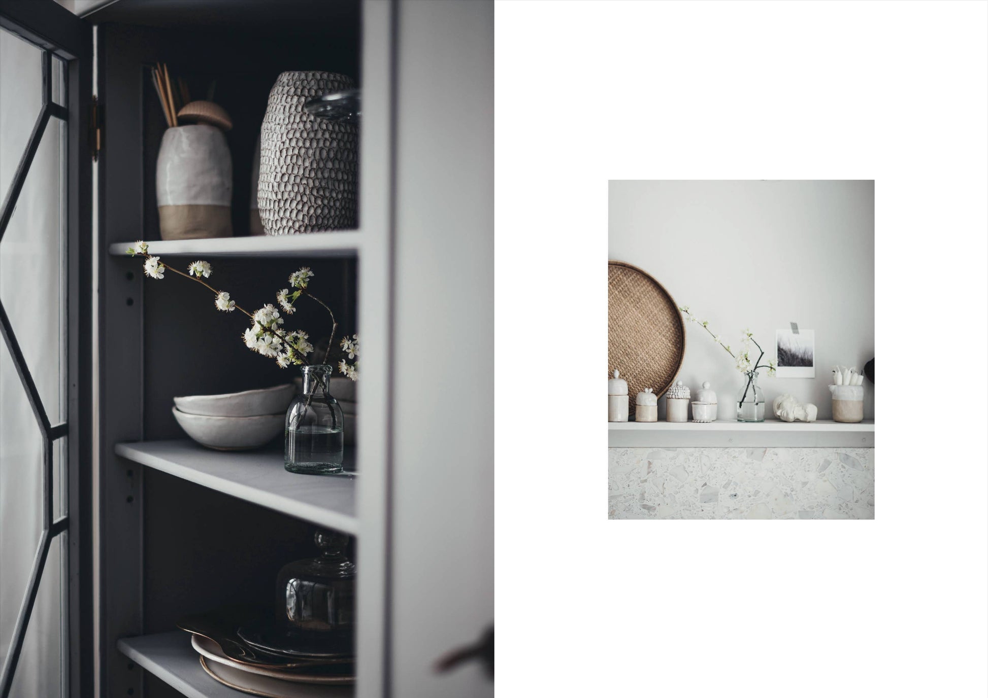Cabinet with decorative items and a small inset photo of a similar setup.