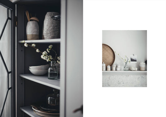 Cabinet with decorative items and a small inset photo of a similar setup.