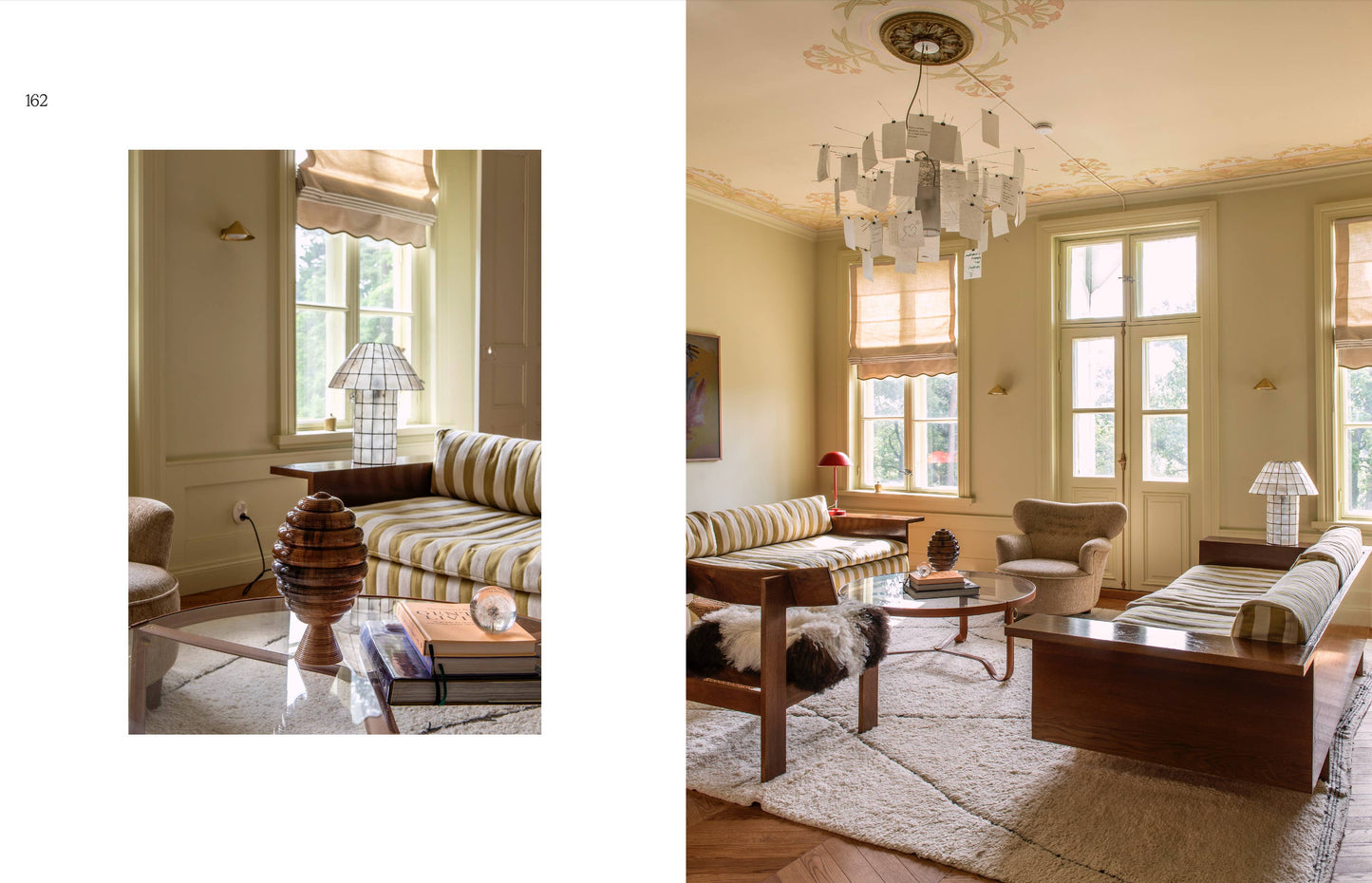 Two views of a living room with furniture and decor.