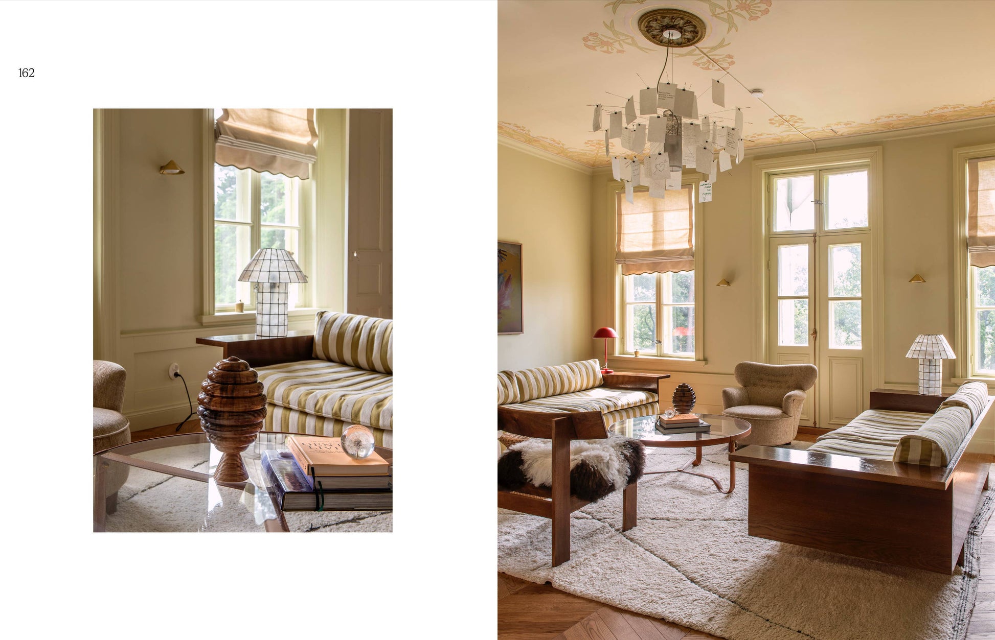 Two views of a living room with furniture and decor.