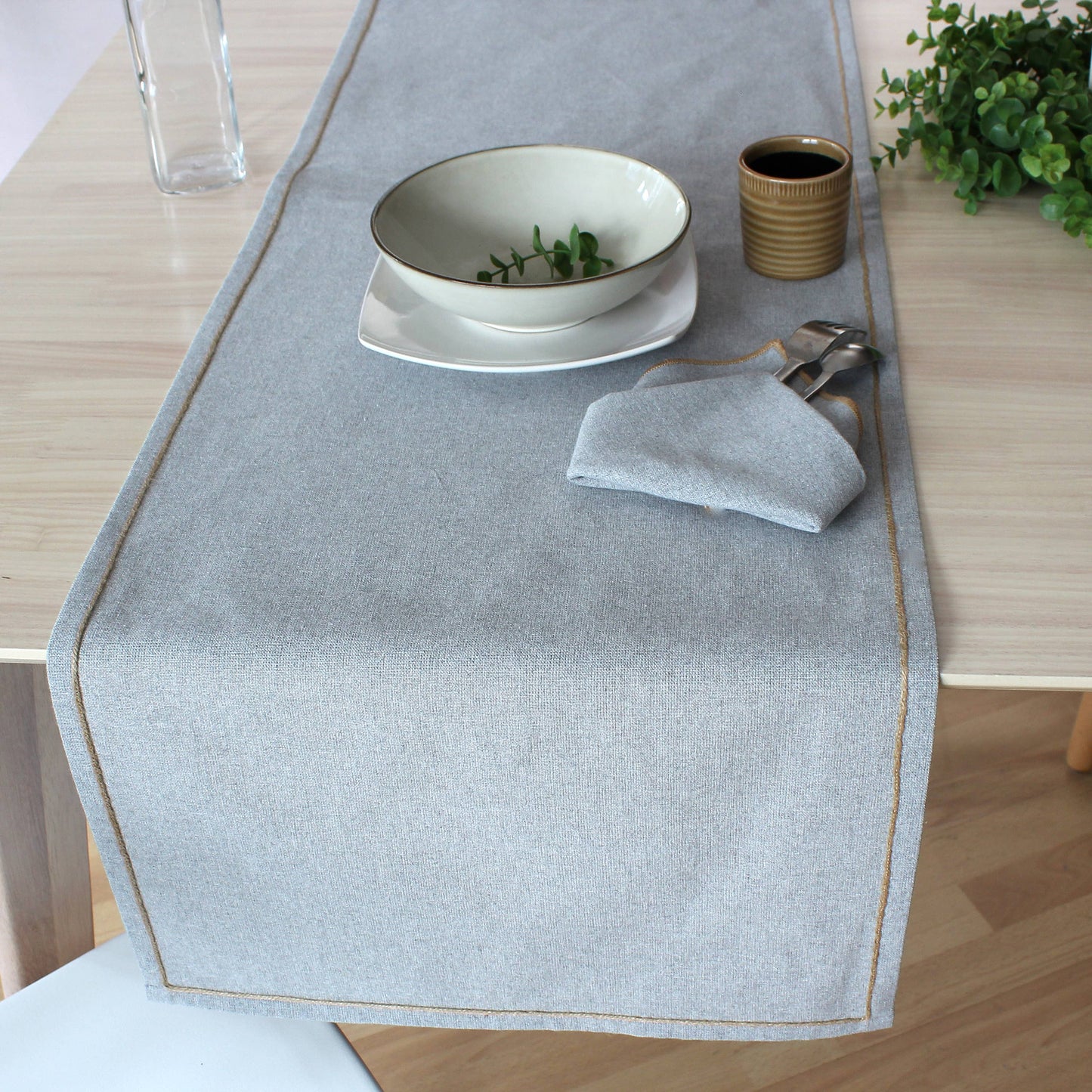 LINA table runner - Recycled Cotton Cloth, “Water-repellent” (Light Grey Color)