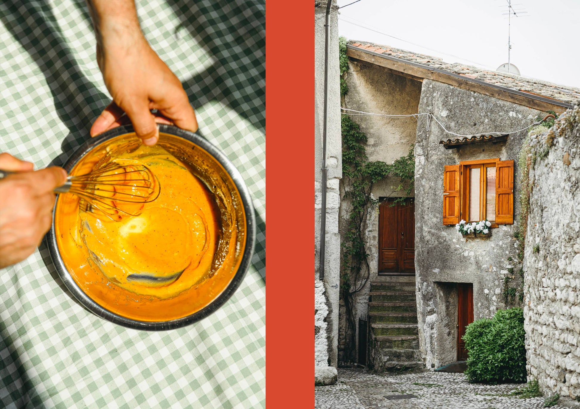 Person whisking eggs in a pan with a checkered shirt, followed by an old stone building with wooden shutters. carbonara recipe