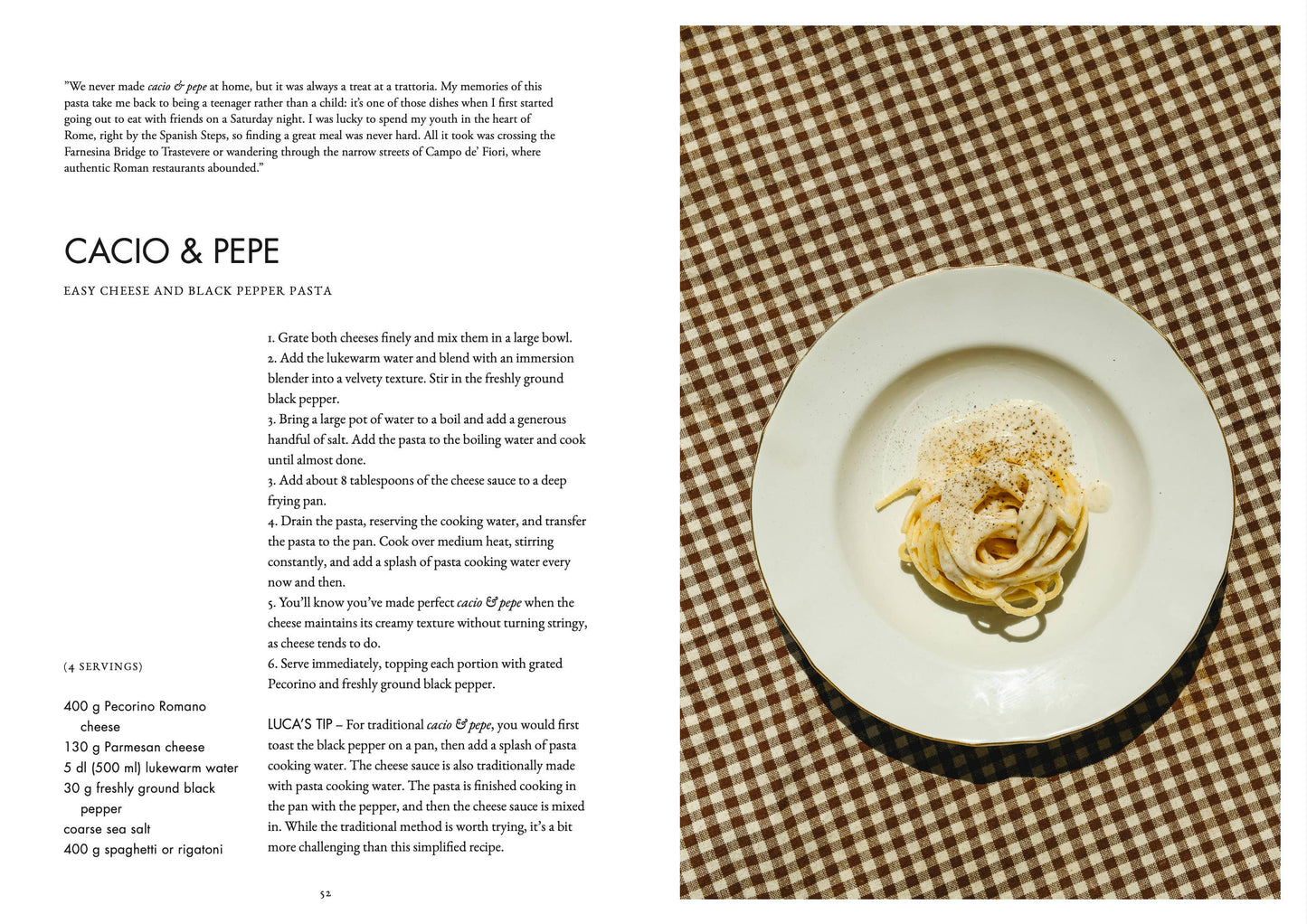 Plate of Cacio & pepe pasta with text on a checkered tablecloth