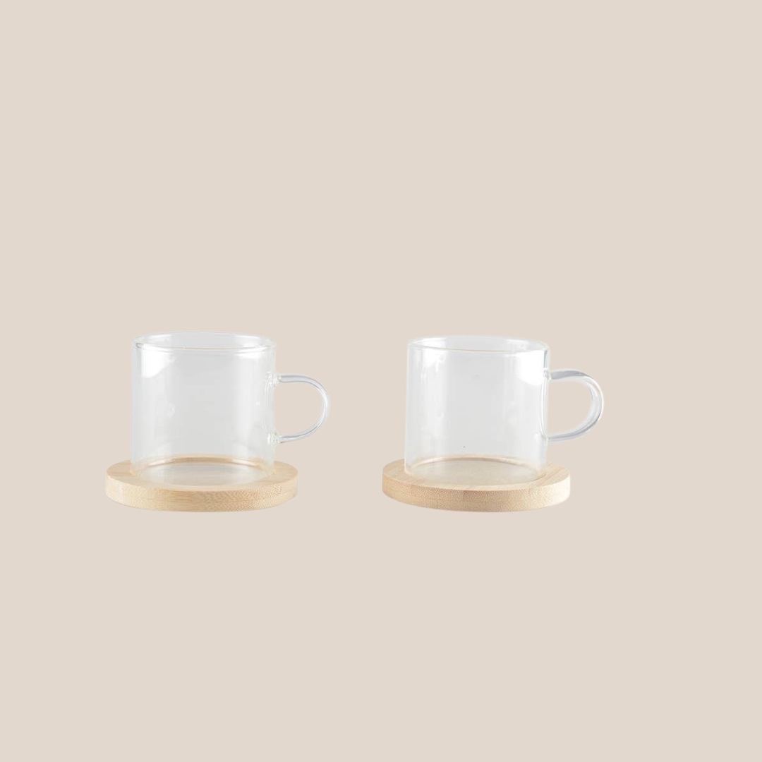 Set of 2 Clear Glass Espresso Cups with Bamboo Saucers