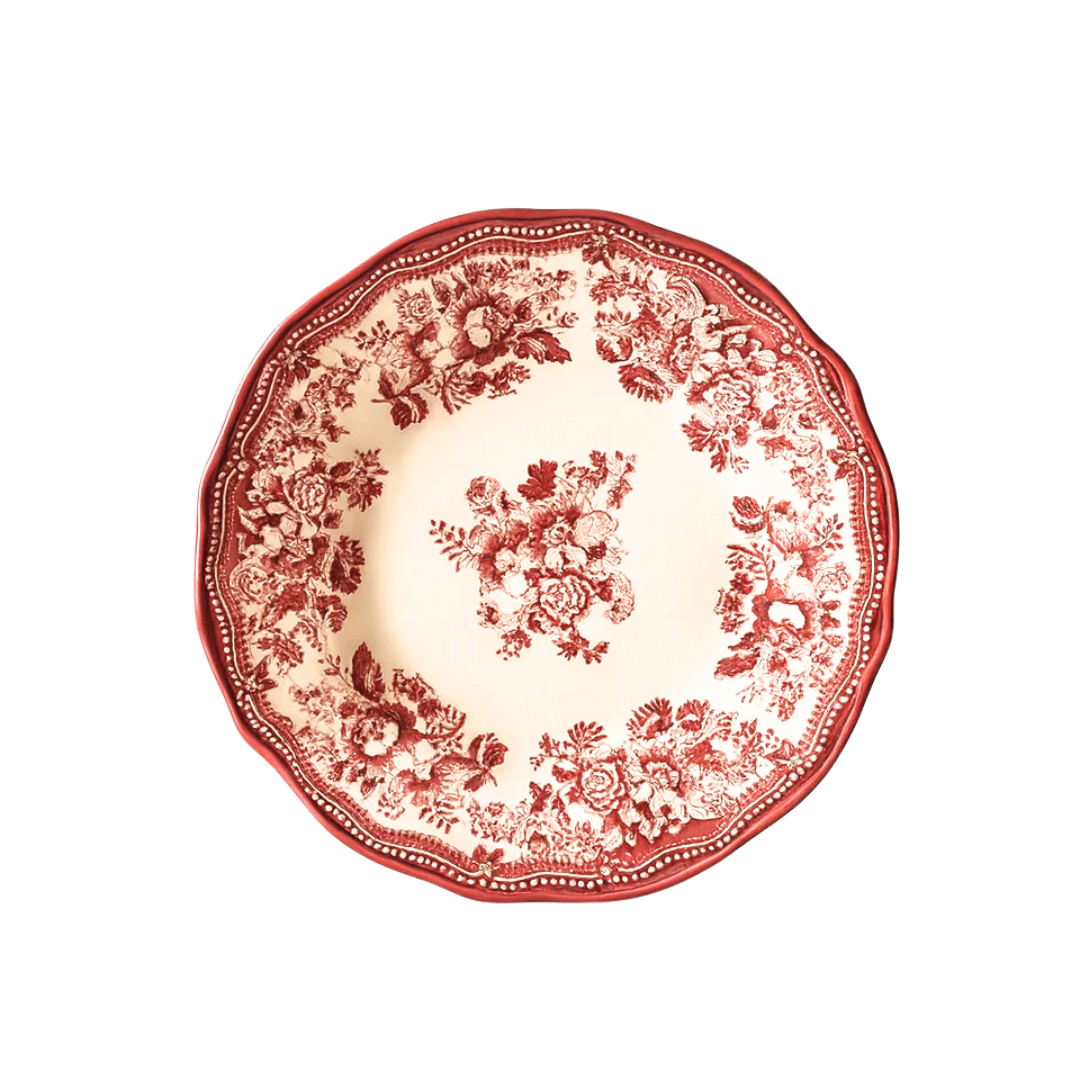 Single Faustine 20.5cm dessert plate in antique red and pink floral porcelain, brand-new design on white background.