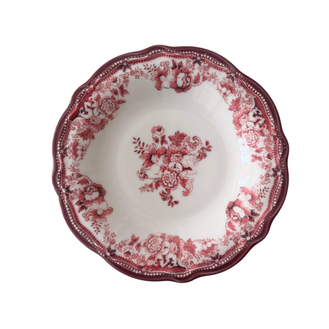 Set of 6 new Faustine deep plates, 22cm antique red and pink floral porcelain on white background