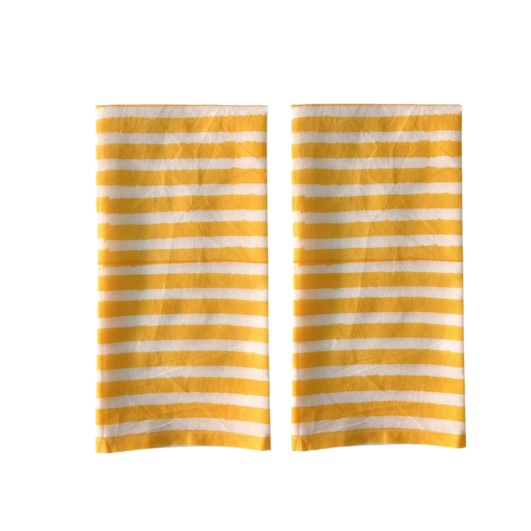 Hand-block printed cotton napkins Yellow and White stripes set of 2 for artisan Mediterranean table decor.
