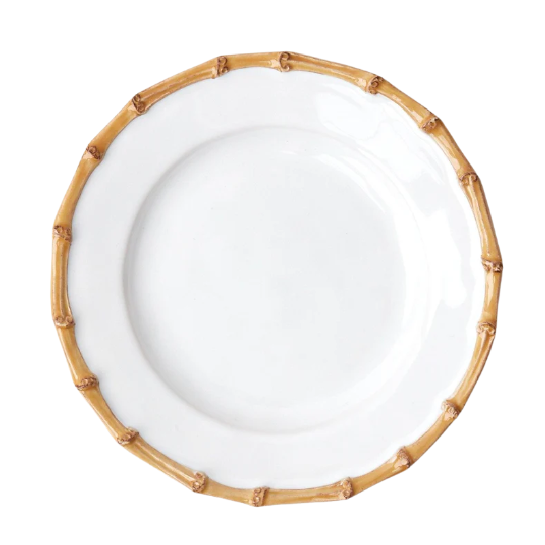 Set of 8 Bamboo Trim porcelain dinner plates, 27cm white plates with hand-painted green bamboo border on white background.