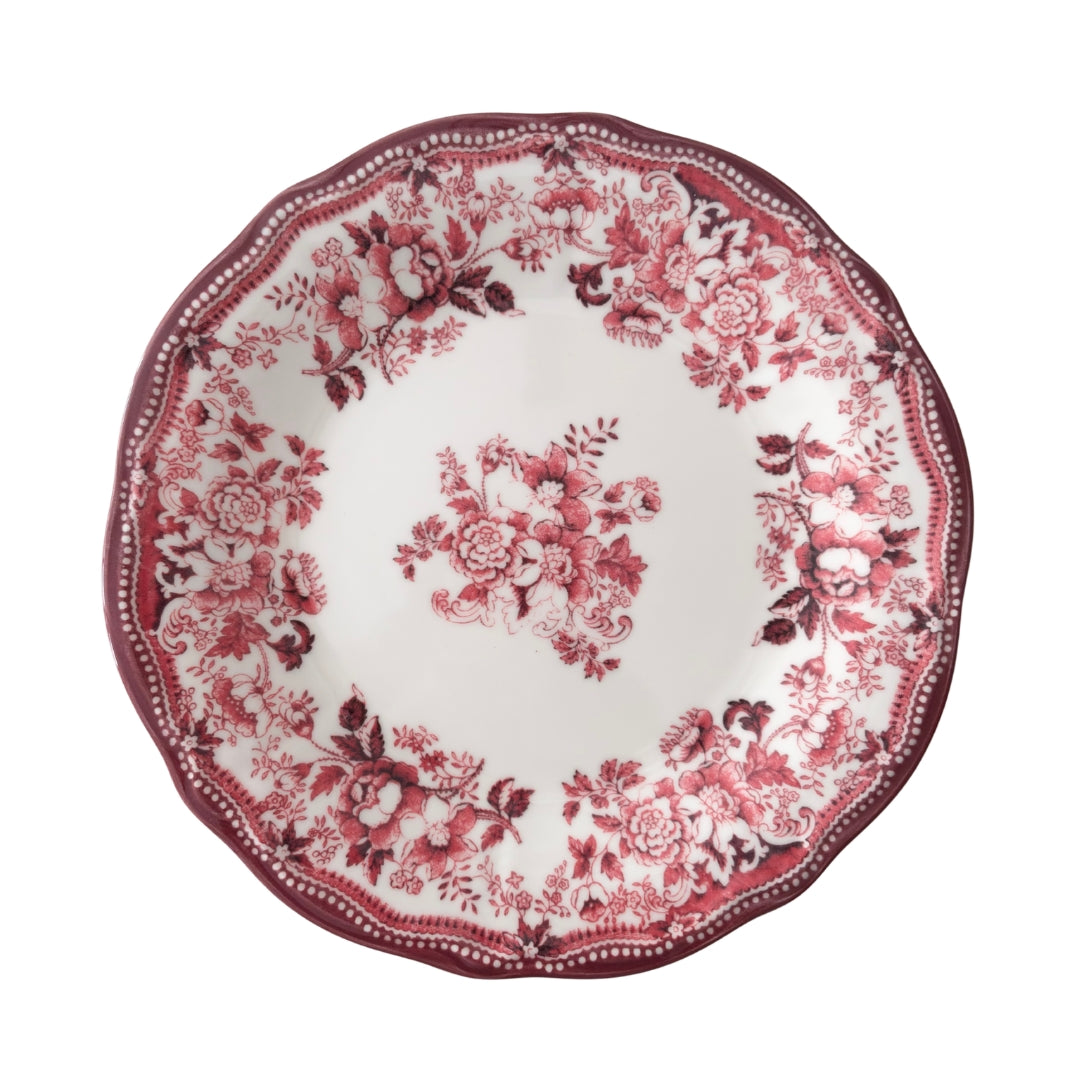 Large 26cm Faustine dinner plate with antique red and pink floral design in English Cottagecore style.