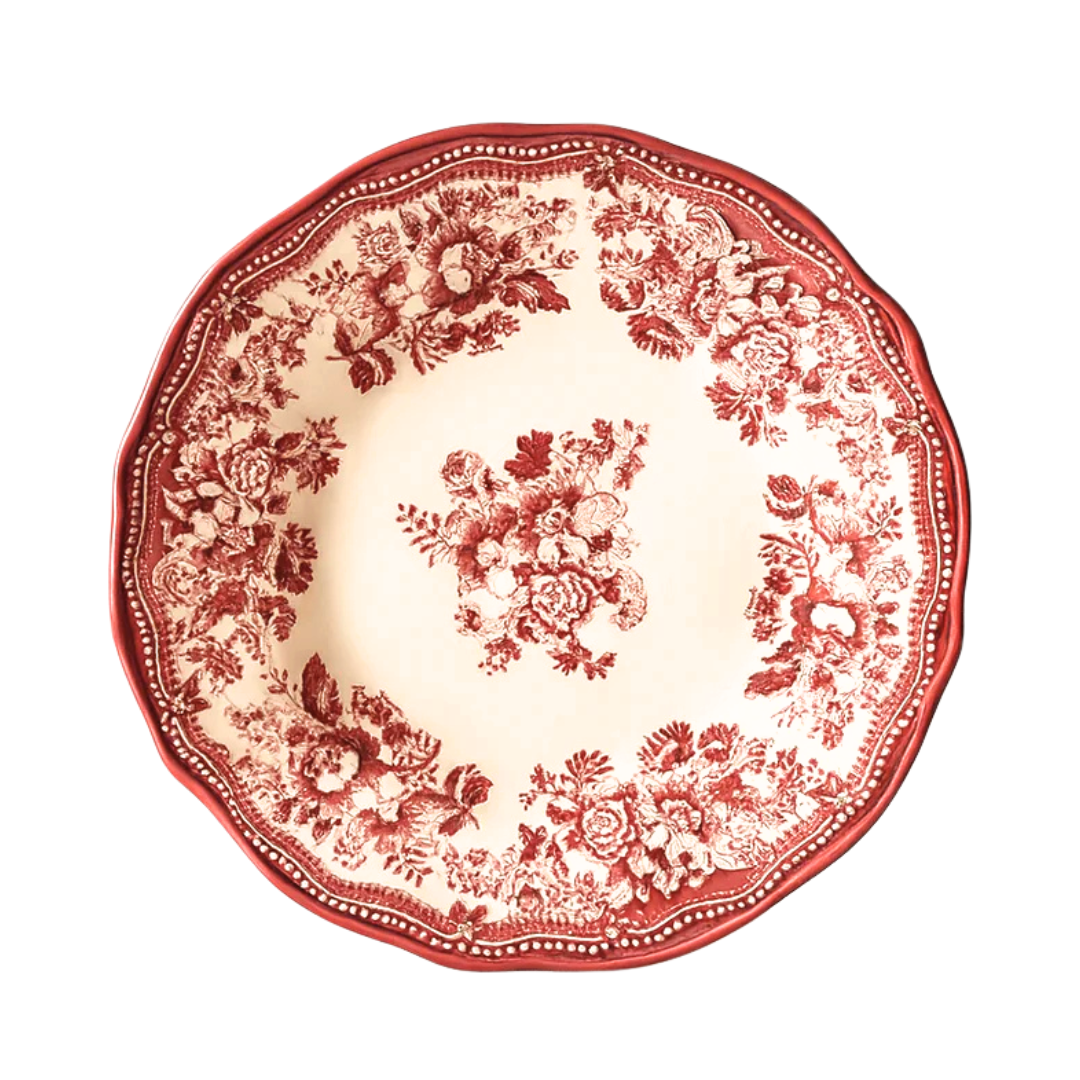 Faustine antique red floral dinner plate displayed on a cream-toned pedestal, highlighting the romantic 2026 Antique Rose trend and high-gloss finish.