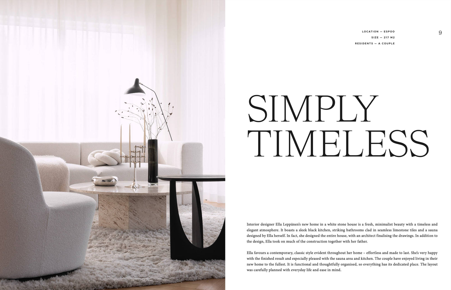 Modern living room with 'Simply Timeless' text overlay