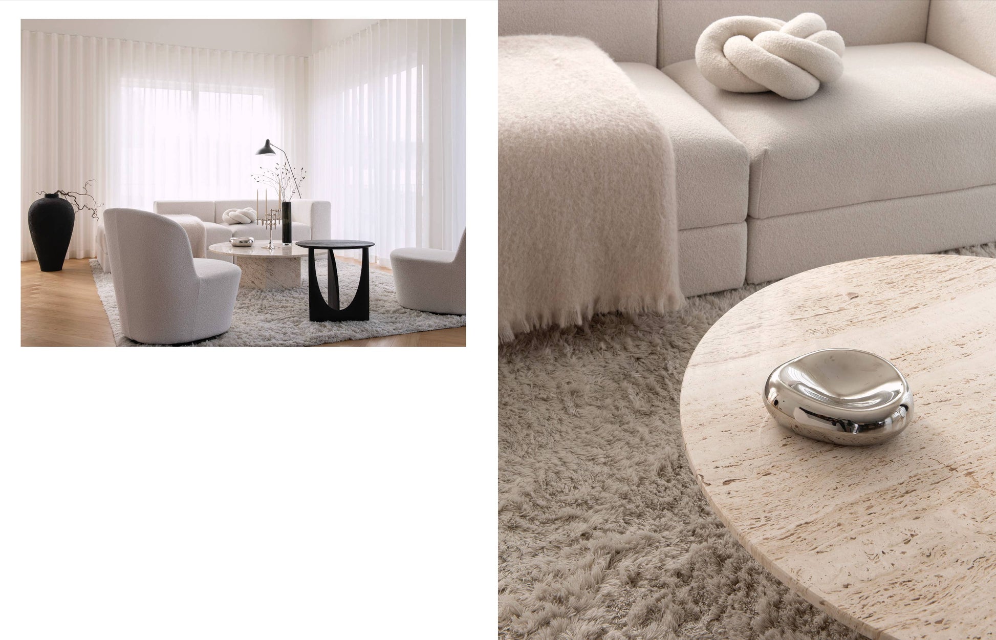 Modern living room with white furniture and a decorative pillow.