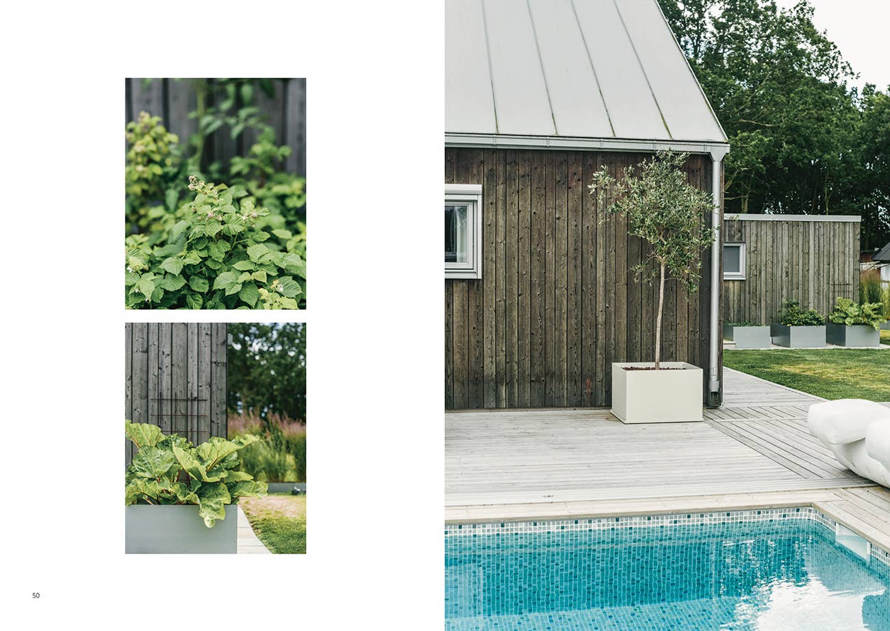 Modern house exterior with wooden facade, pool, and garden.