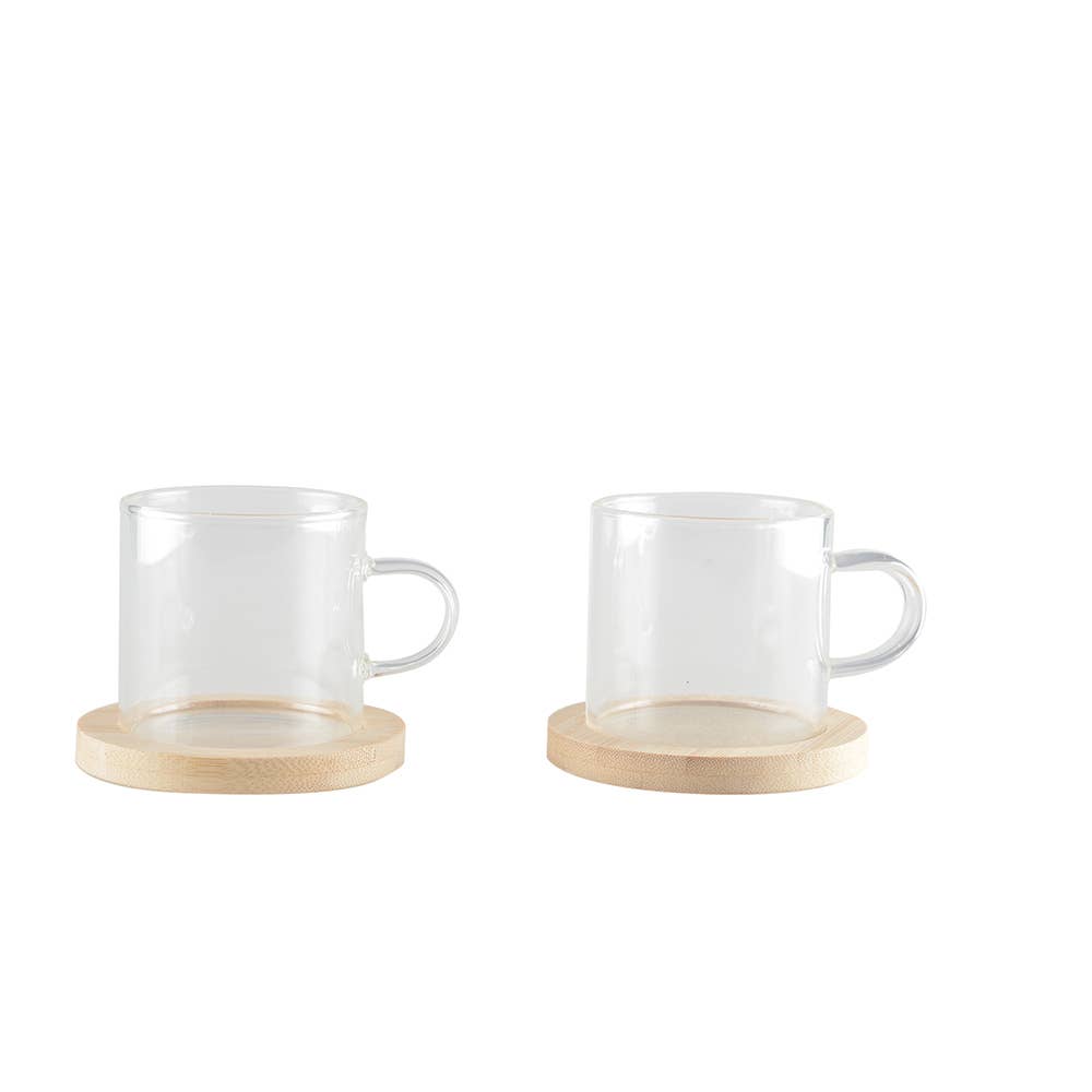 Set of 2 Clear Glass Espresso Cups with Bamboo Saucers