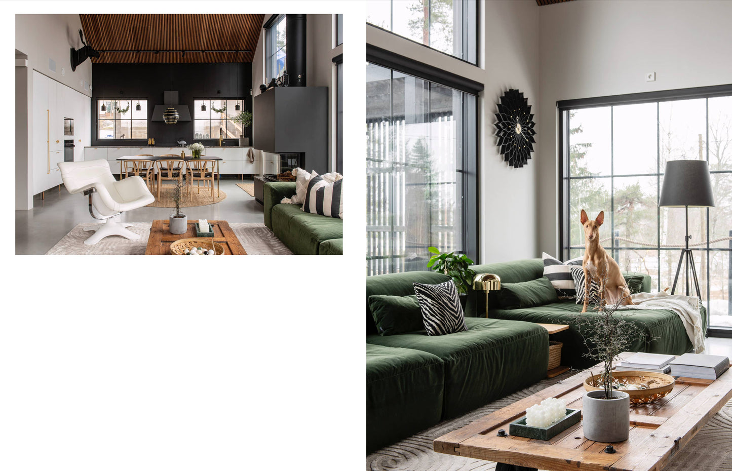 Two modern living room scenes with green sofas and decorative elements.