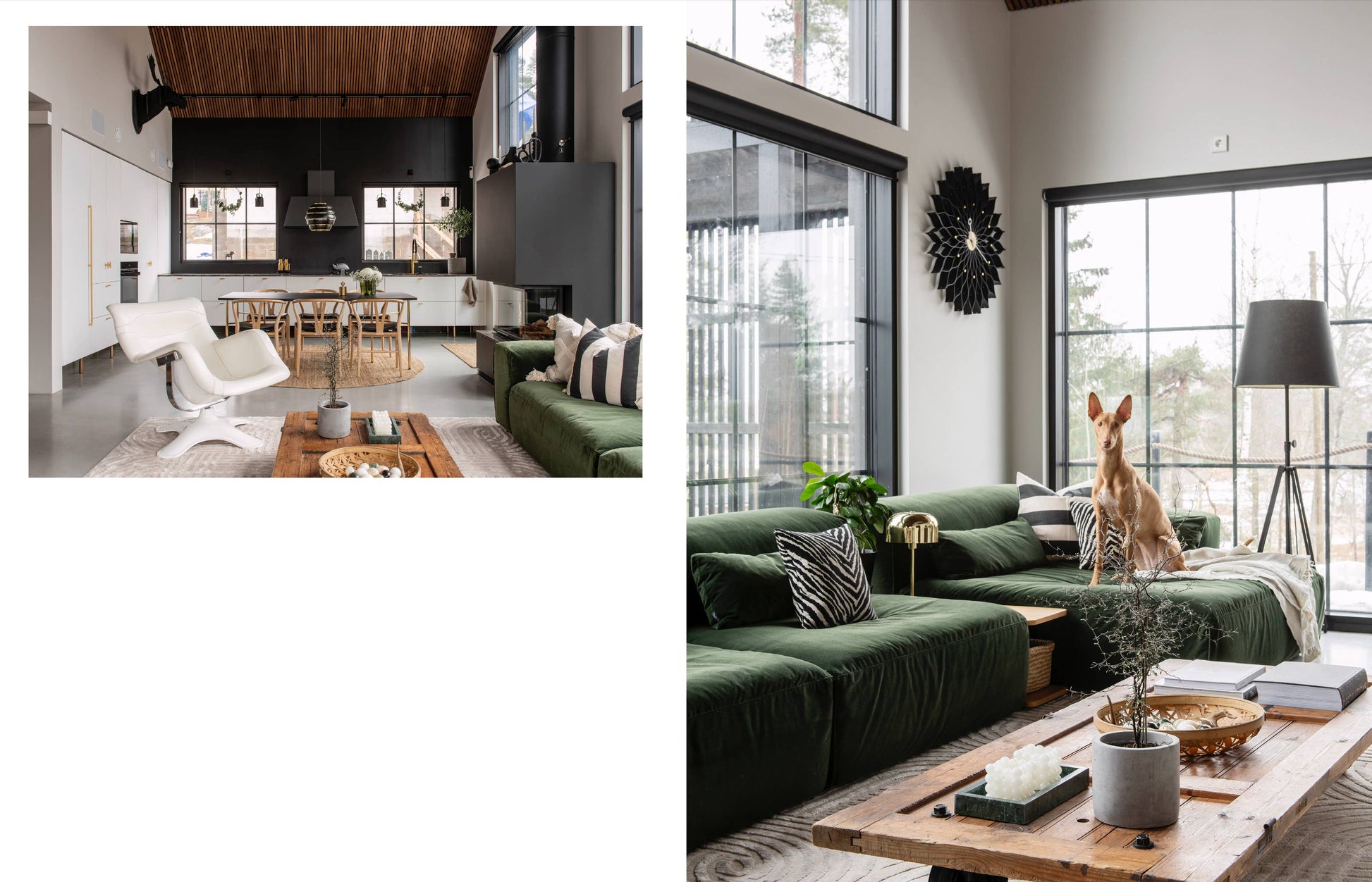 Two modern living room scenes with green sofas and decorative elements.