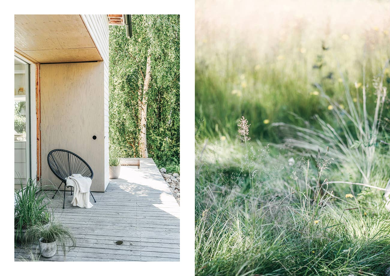 Modern house exterior with a chair on a wooden deck and a natural garden scene.