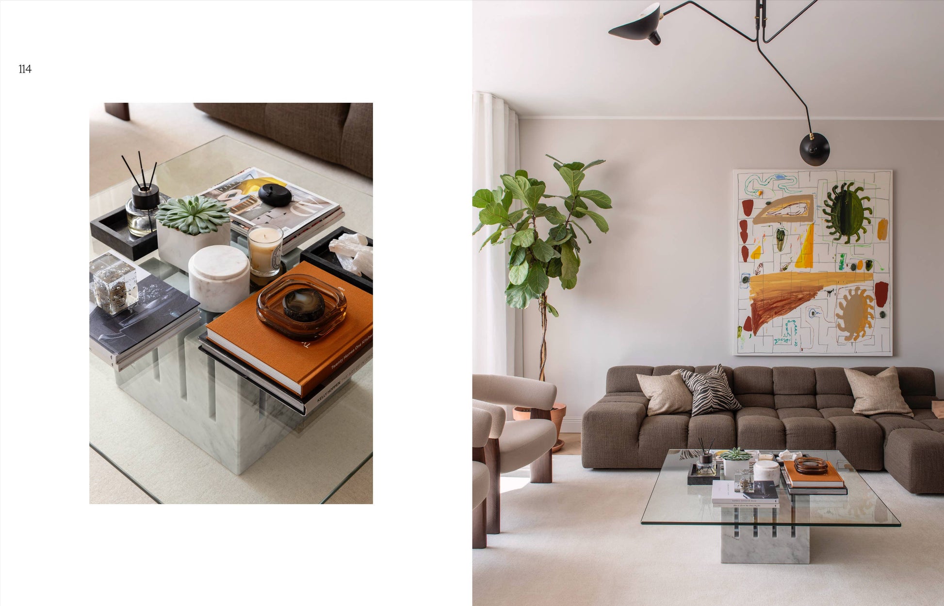 Modern living room with a sectional sofa, coffee table, and decorative items.