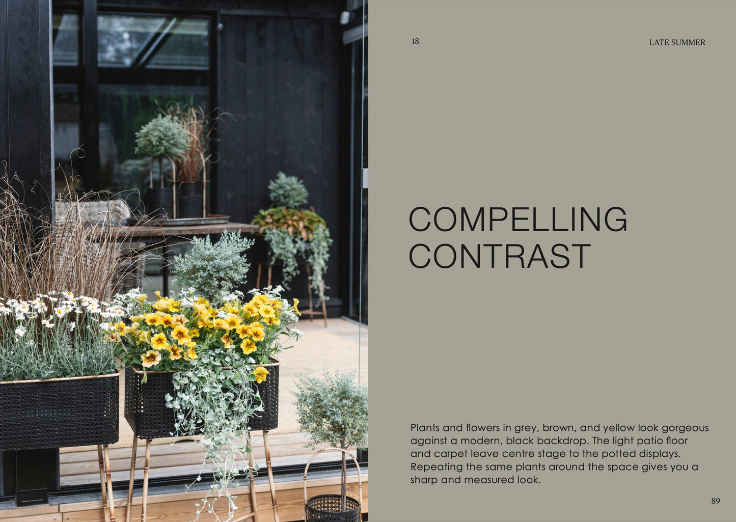 Plants and flowers arranged on a patio with text about compelling contrast.