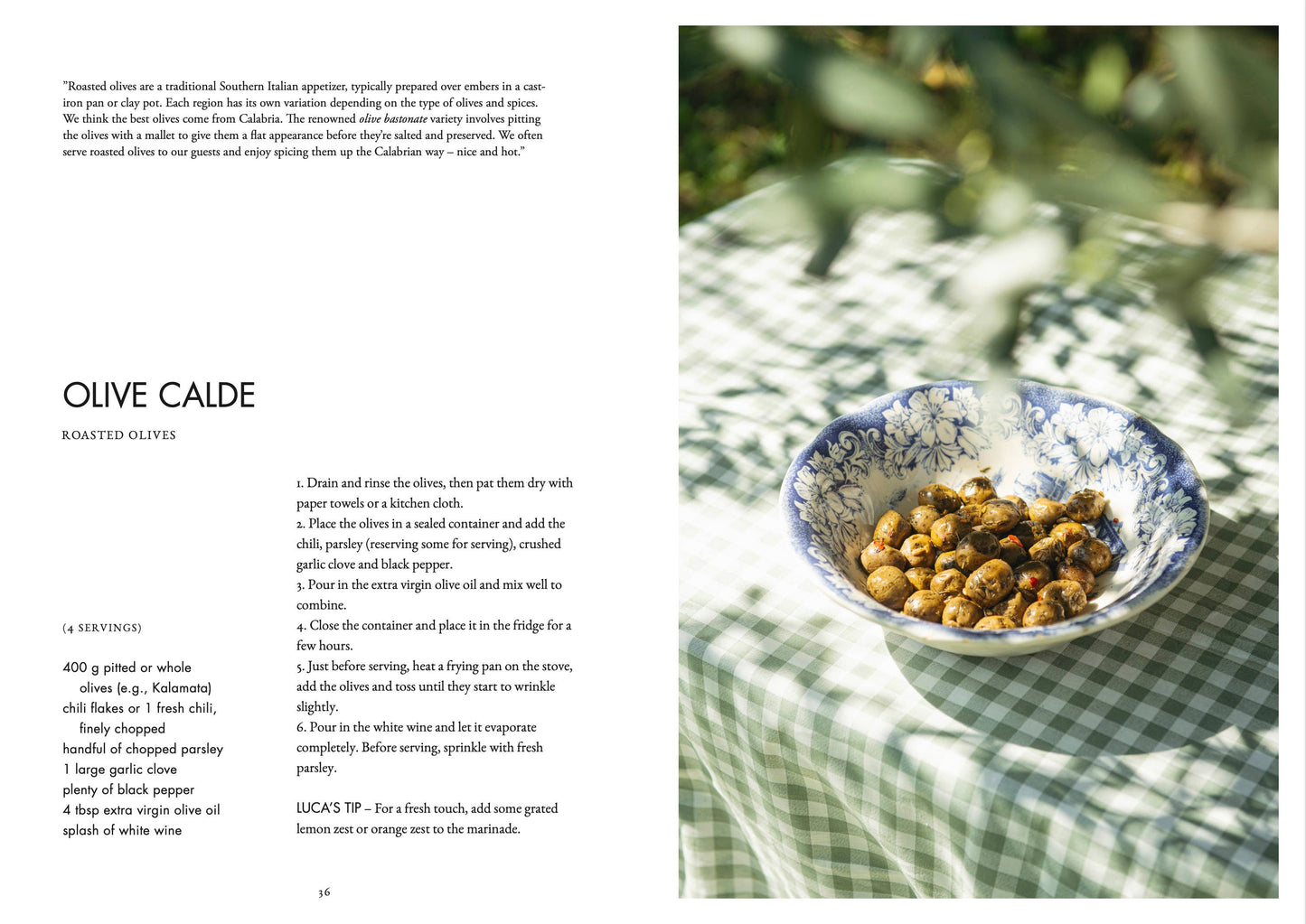 Olive Calde roasted olives in a bowl on a checkered tablecloth with text overlay