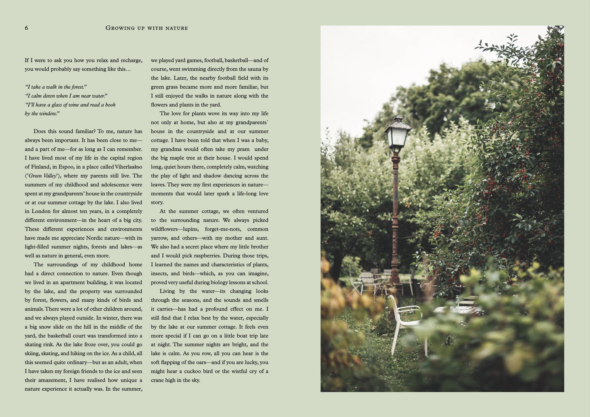 Book page with text on the left and a blurred outdoor scene on the right