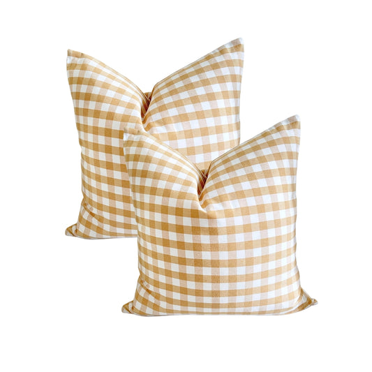 Set of 2 beige gingham water-repellent cushion covers for garden and home decor.