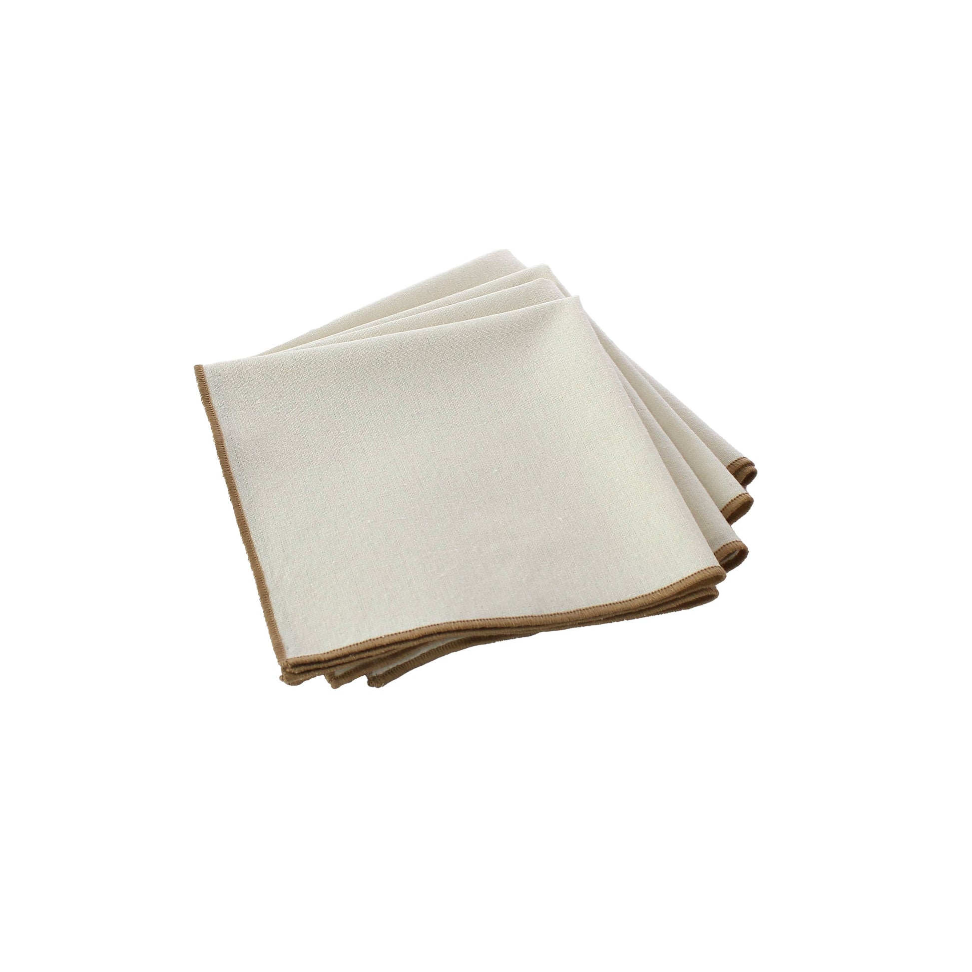 Set of 4 natural beige cloth napkins with handcrafted jute trim made from textured recycled cotton in sand and cream tones.