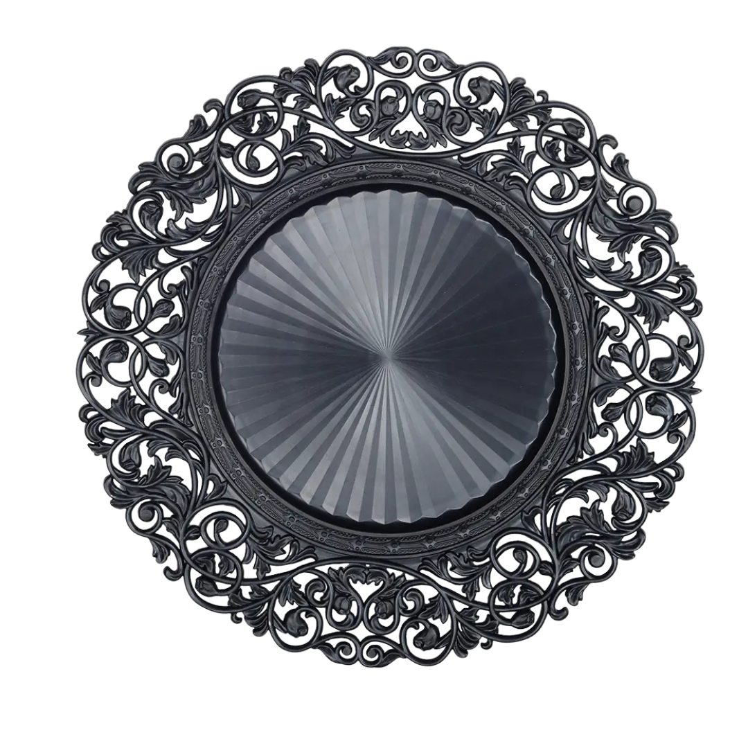 Black Baroque charger plate with ornate floral border and decorative centre, 34cm