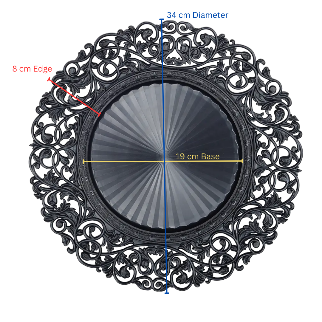 Round black Baroque charger plate featuring an elaborate decorative border, shown with overlaid dimension labels: 34 cm diameter, 19 cm base, and 8 cm edge on a white background.