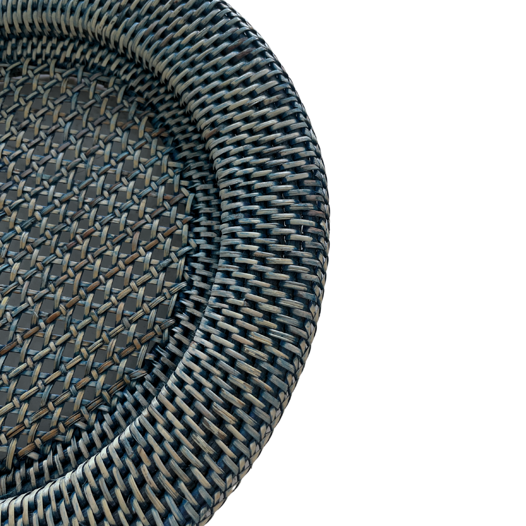Close-up of eco-friendly handwoven rattan texture in deep blue finish