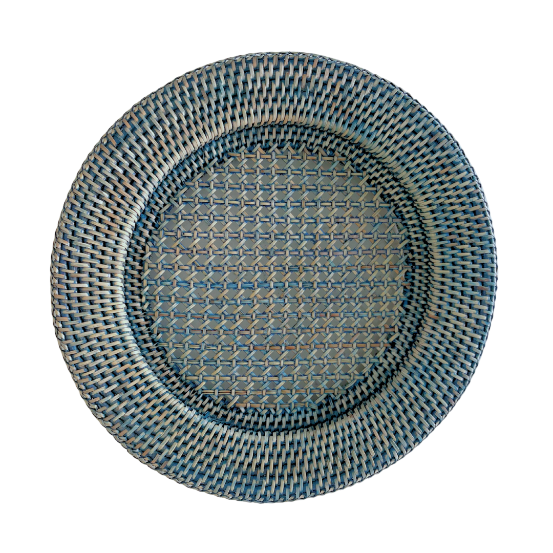 Handcrafted Blue Rattan Charger Plate on isolated white background
