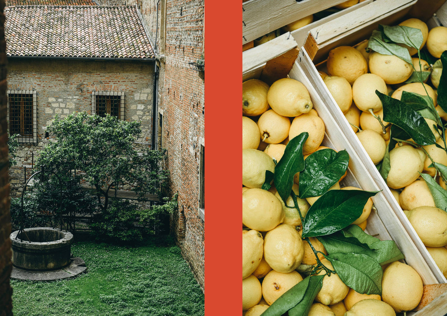 Collage of a stone building courtyard with greenery and a crate of lemons.