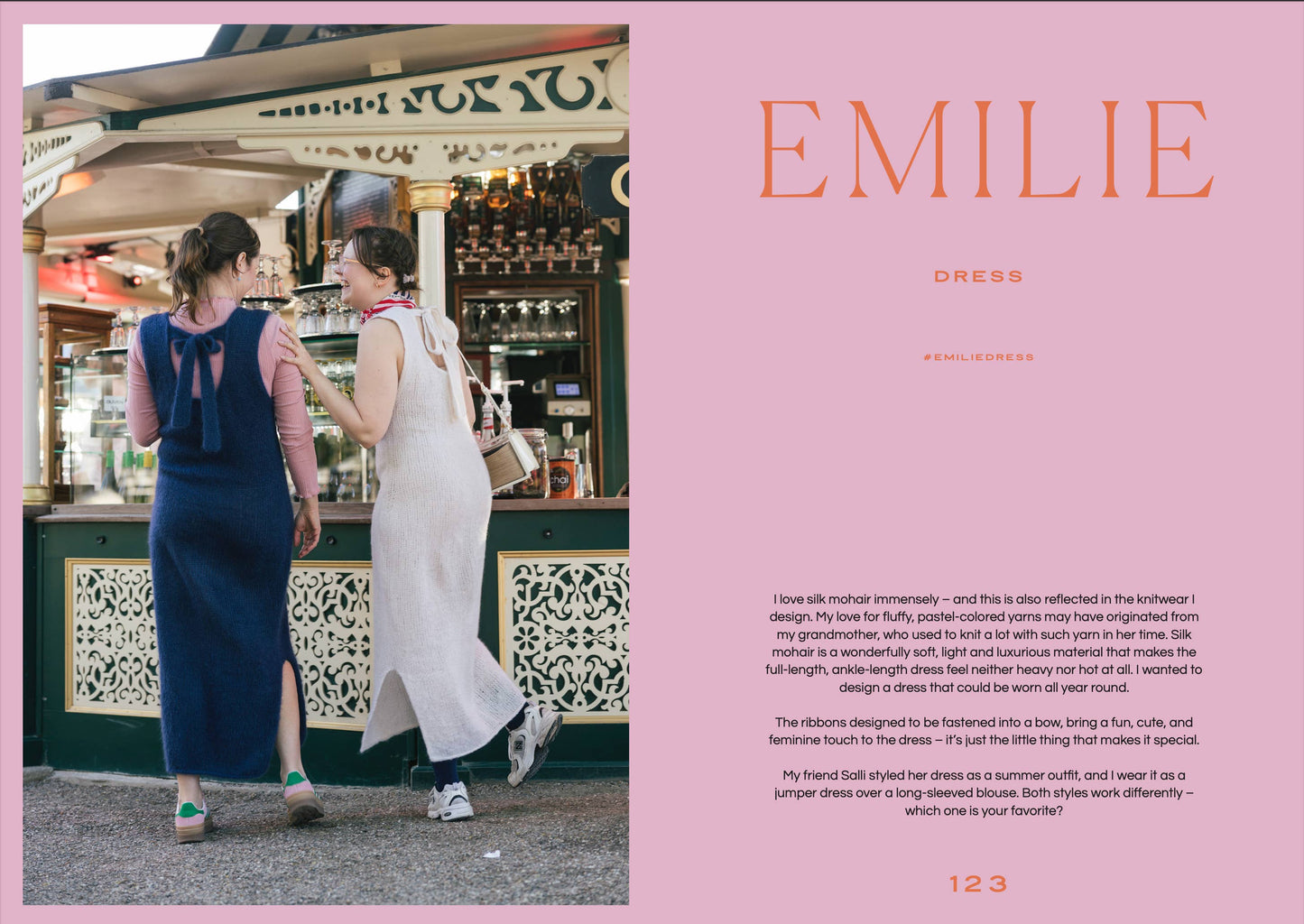 Two women walking together with a pink background and text overlay about a dress.