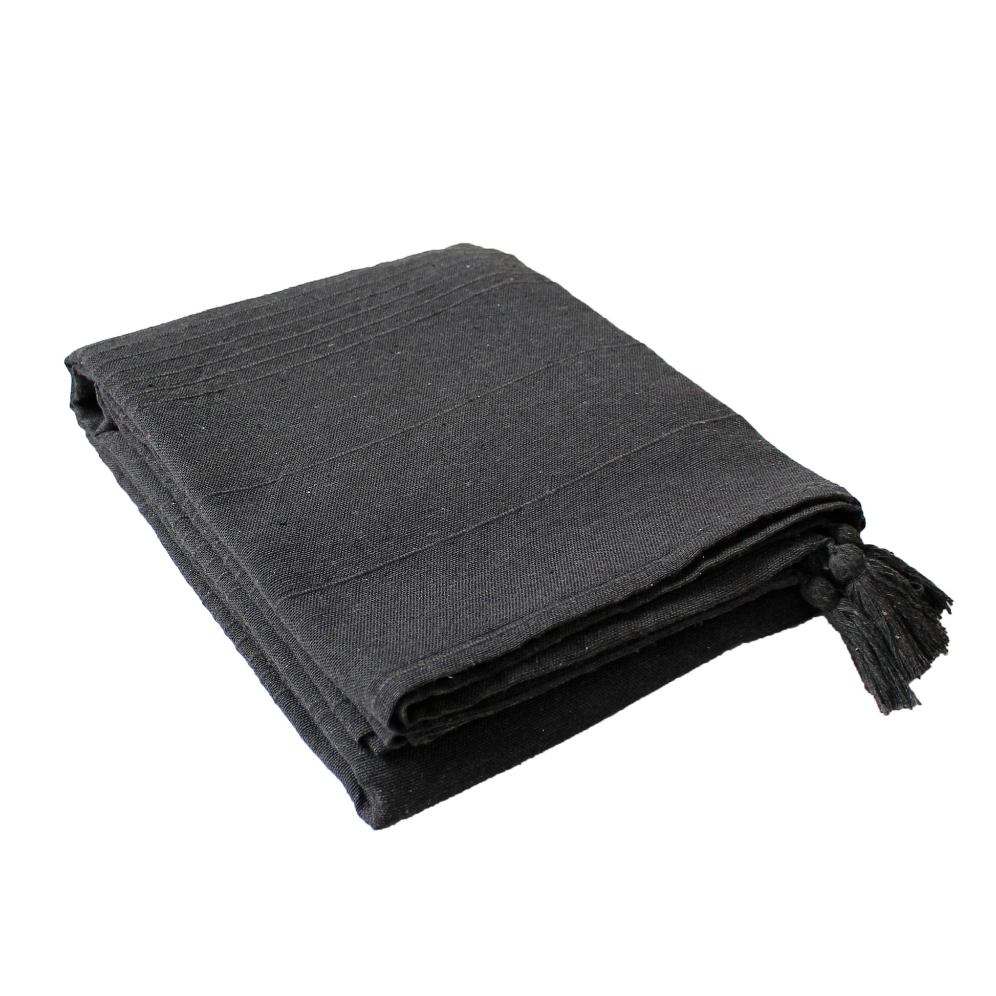 COASTAL Water-Repellent Tablecloth in dark grey with charcoal with cotton tassels on white background