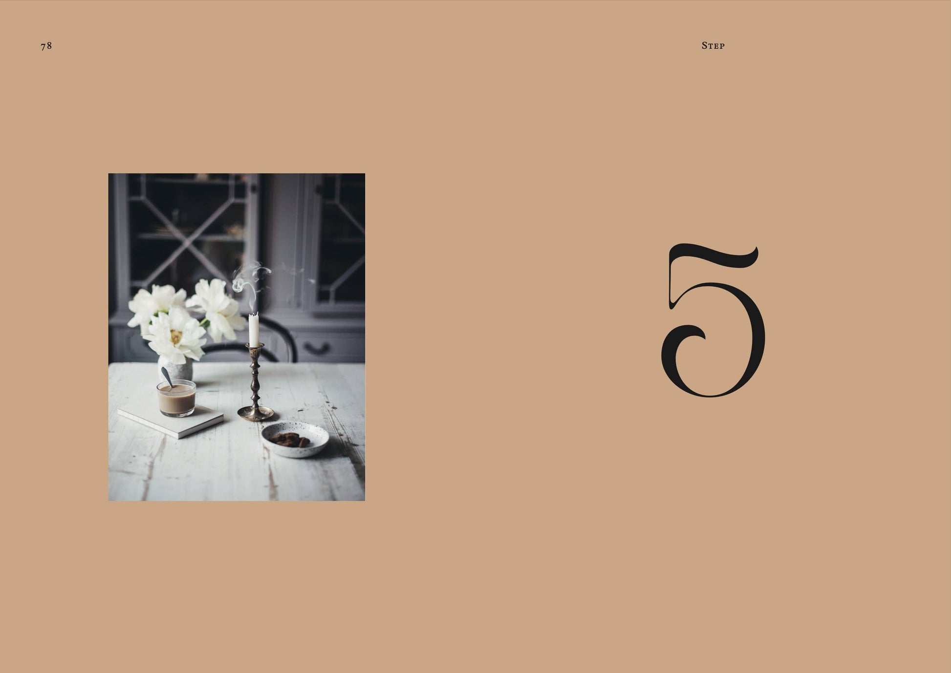 Table setting with flowers and cutlery on a beige background with number 5