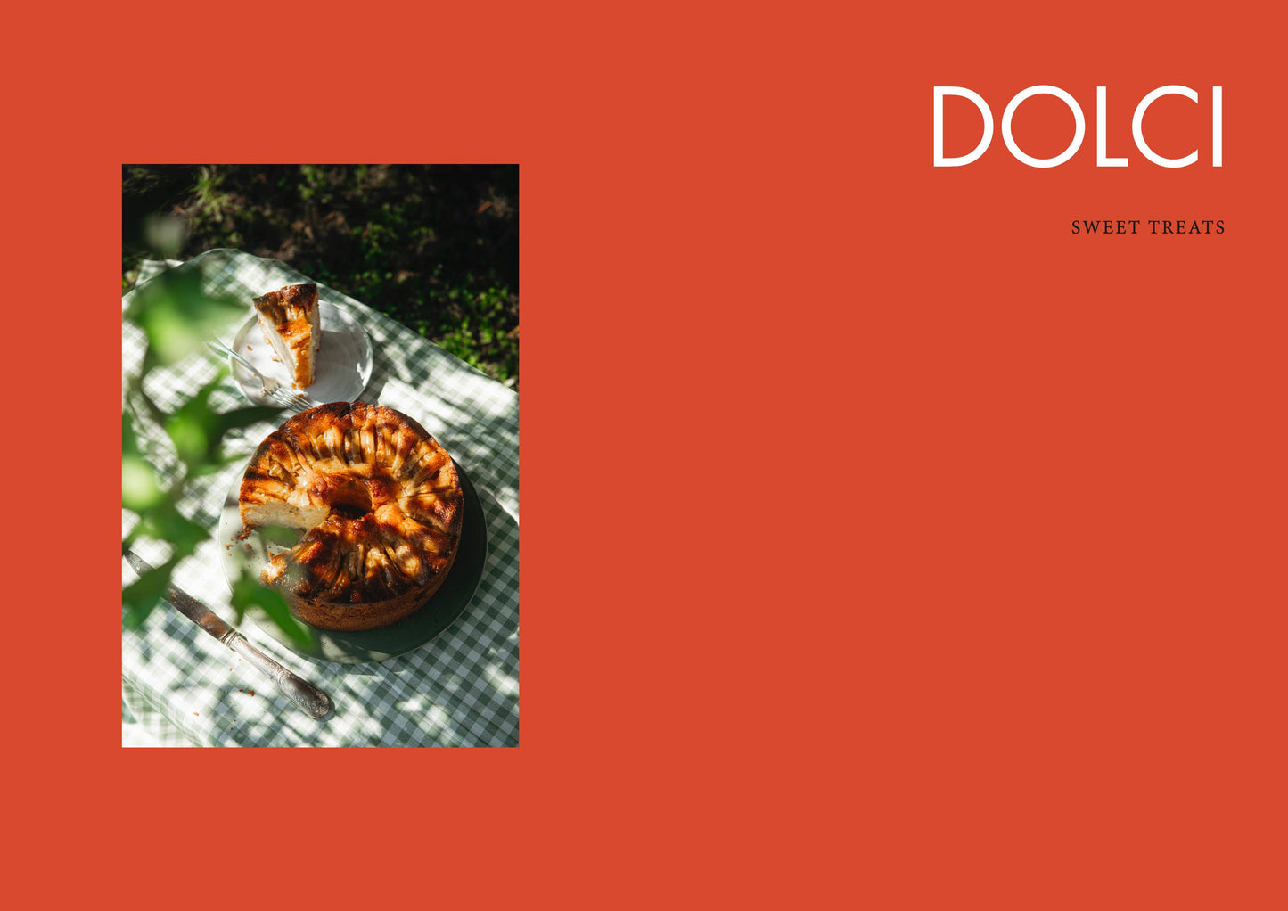 Dessert on a checkered tablecloth with 'Dolci' branding on an orange background
