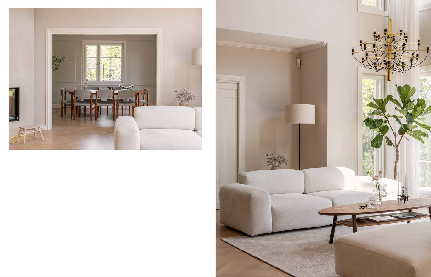 Two views of a modern living room with white furniture and large windows.