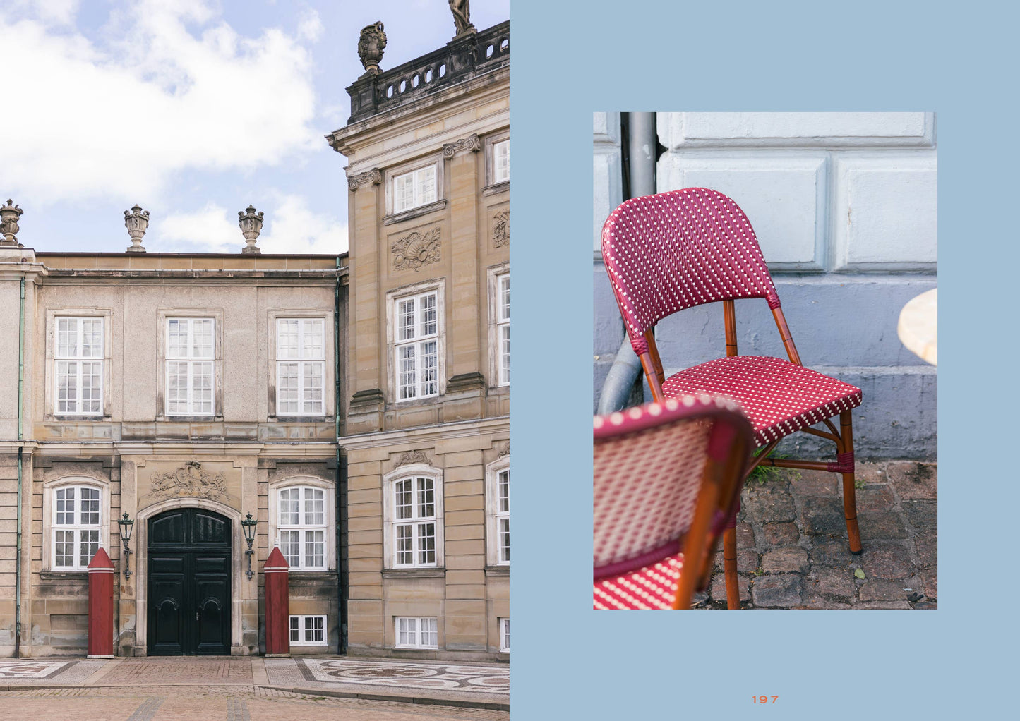 Collage of a grand building facade on the left and a red chair on a stone surface on the right.