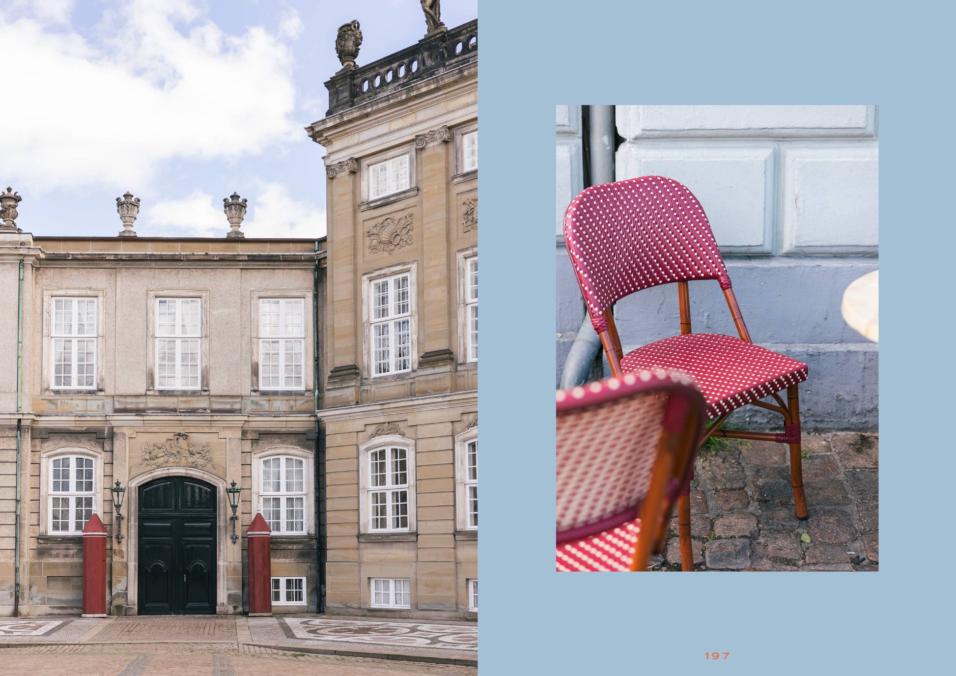 Collage of a grand building facade on the left and a red chair on a stone surface on the right.