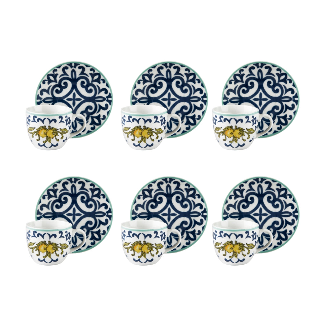 Set of 6 Excelsa Amalfi porcelain espresso cups (90ml) and saucers with vibrant blue and yellow Mediterranean patterns.