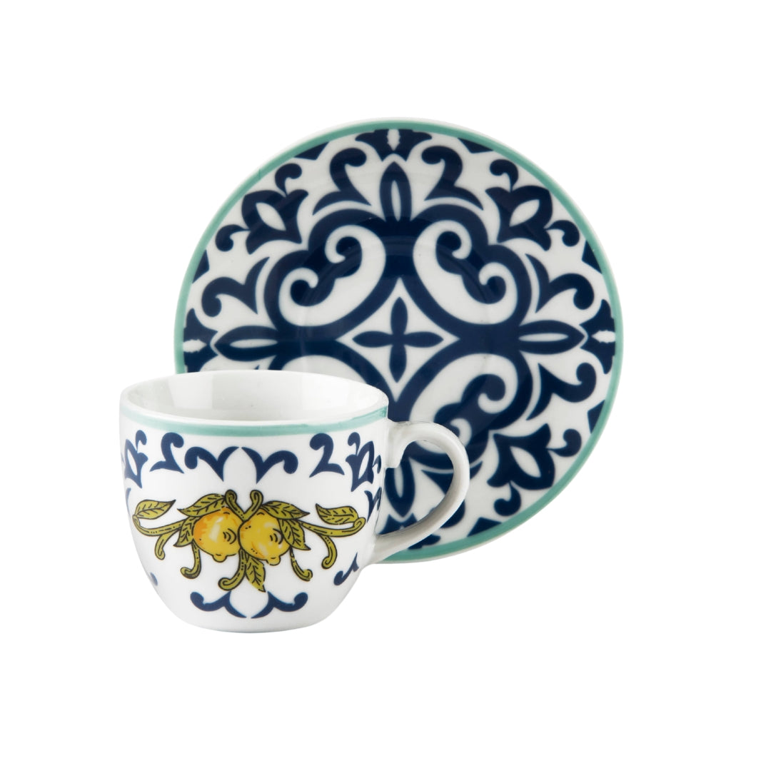 Set of 6 Excelsa Amalfi porcelain espresso cups (90ml) and saucers with vibrant blue and yellow. 