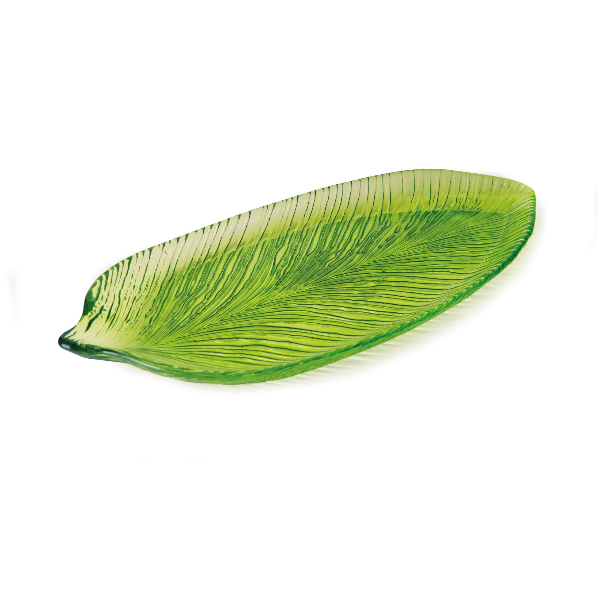 Excelsa 43cm Tropical Leaf green glass serving plate with textured leaf veins, made in Turkey on a white background