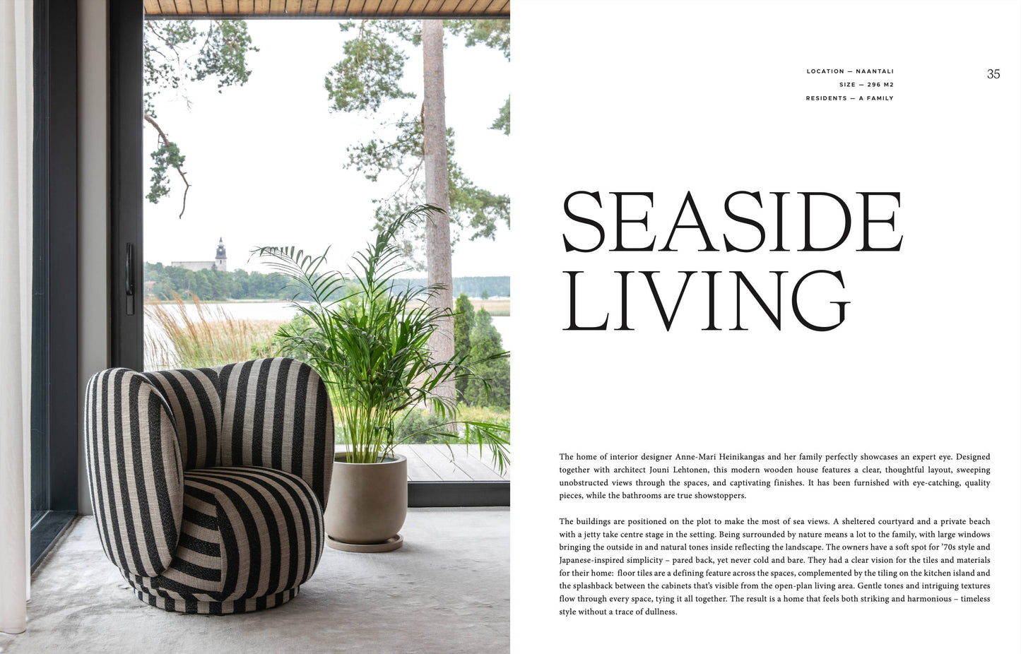 Striped armchair in a room with a view of trees and water, featuring the text 'Seaside Living'.