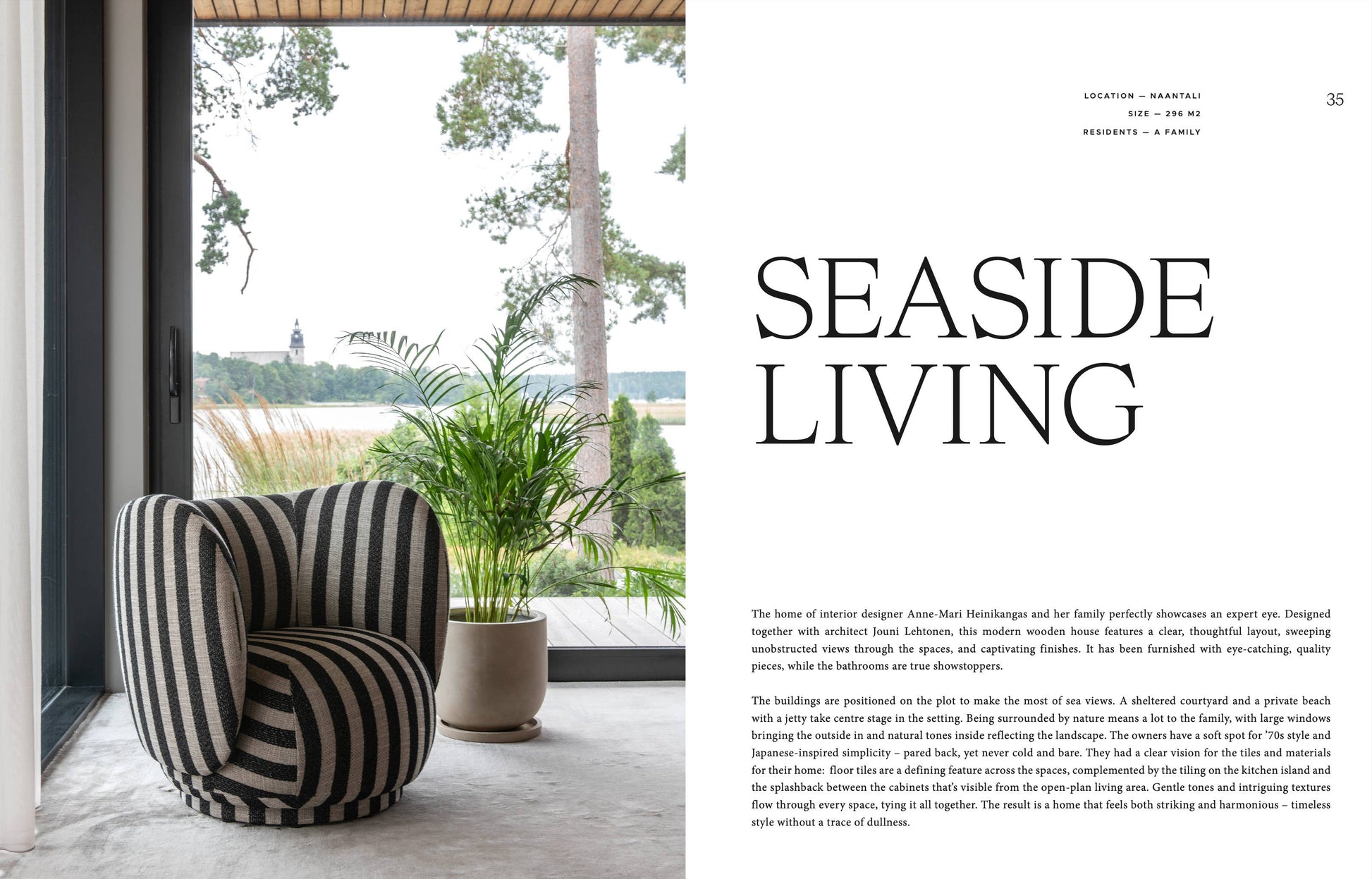 Striped armchair in a room with a view of trees and water, featuring the text 'Seaside Living'.