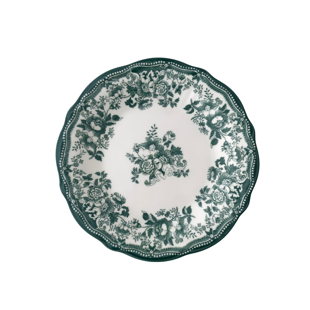 Set of 6 Faustine green floral porcelain dessert plates (20.5cm) in timeless heritage vintage style.