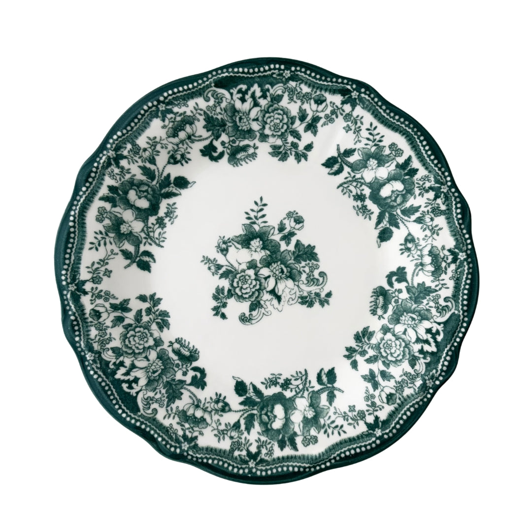 Set of 6 Faustine green floral porcelain dinner plates in timeless heritage vintage style.